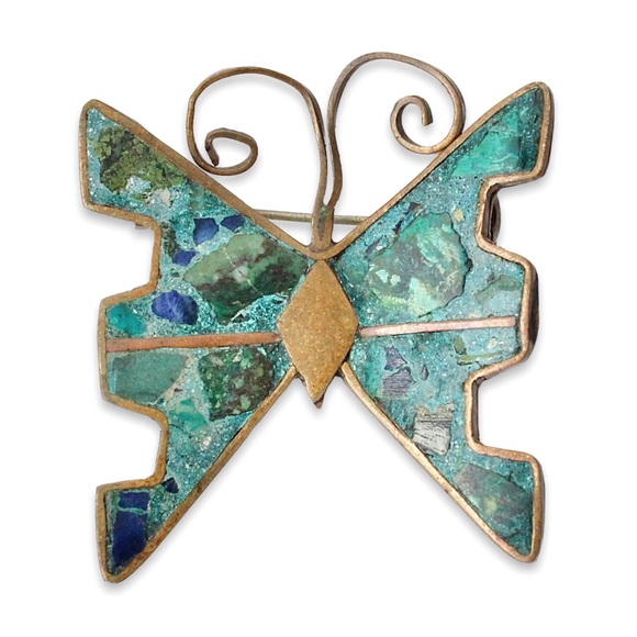 Vintage Tumbaga Mexico Butterfly Brooch Pin Azurite Malachite Inlay Gold Copper - Picture 1 of 4